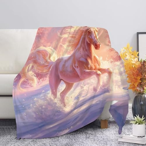 Allcute Beautiful Horse Blanket Print Sofa Throws for Winter Fall Throw Blanket Pink Lightweight Warm Flannel Fluffy Blankets for Couch Bed Living Room Decor