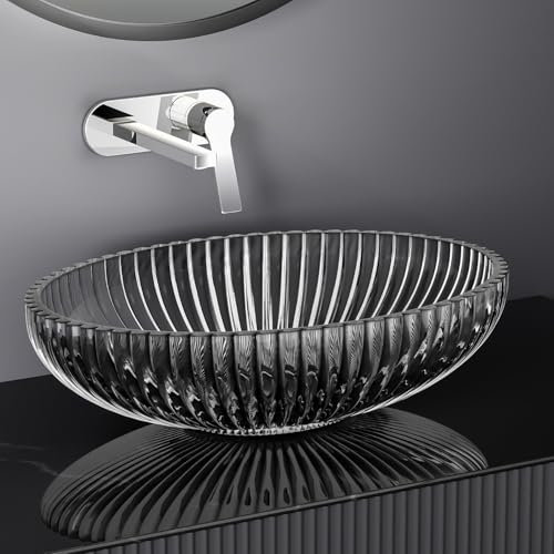 EMKE Lavabo para montar en cristal, Lavamanos ovalado, 51 x 35 x 15 cm, lavabo de para baño y WC de invitados, lavabo en cristal Negro