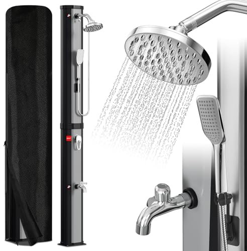 Vkechh 60L Solardusche | Einstellbar Regenduschkopf | Wasserhahn | handbrause | Max. 60℃ | Ohne Stromanschluss | Mit Schutzhaube-Ablassschraube | Schwarz/Silber