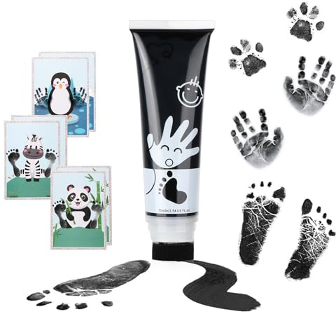 TOGOU2S Farbe Baby Fußabdruck mit Schwammkopf 75ml 6 Karten A4 Handabdruck Baby Pfotenabdruck set Hund Fingerfarben Kinder Ungiftig Babysichere Farbe Stempel Säurefreie Leicht Abwaschbar