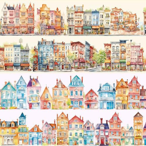 CGLRybO Washi Tape Vintage Stadt Gebäude Washi Sticker Stadt Landschaft PET Tape 2 Rollen Nordic Town Dekoratives Klebeband Wasserfeste Aufkleber DIY für Bastelarbeiten, Scrapbook Zubehör