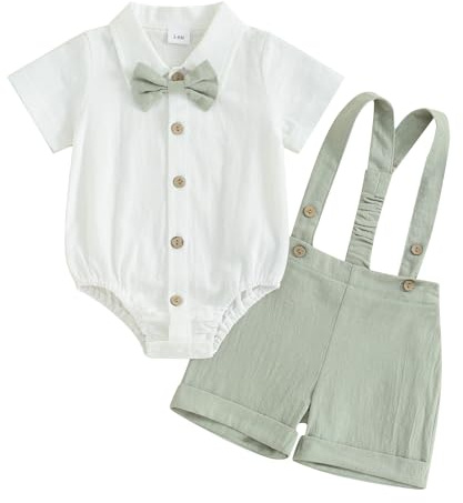 Himllauen Infant Baby Boy Summer Gentleman Outfit Solid Color Short Sleeve Lapel Neck Shirt Romper + Stripe Suspender Shorts + Bowtie for Newborn Toddler Boys