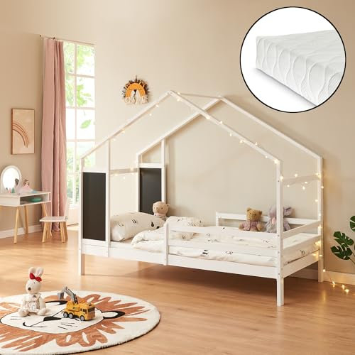 [en.casa] Lit Cabane avec Matelas à Mousse Froide Lit Enfant en Forme de Maison avec Sommier à Lattes Capacité de Charge 100 kg Bois de Pin Contreplaqué 90 x 200 cm Blanc