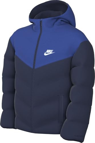 NIKE Unisex Kinder Sportswear All Day Play Mit Weiter Passform Für Ältere Therma-FIT-Puffer-Jacke, Midnight Navy/Game Royal/Weiß, 12-13 Jahre EU