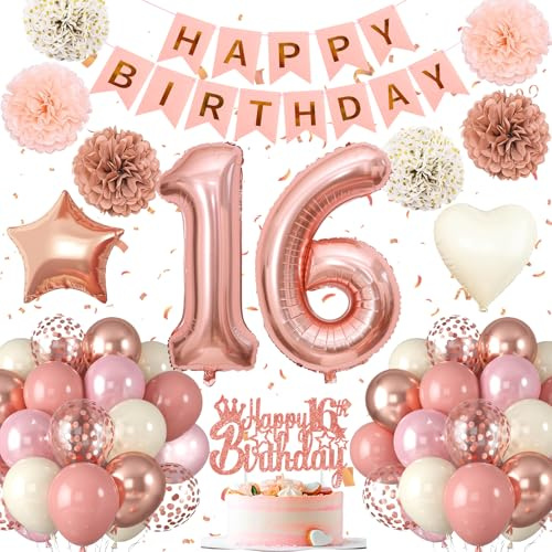 16-årsdagsdekoration, 16-årsdag flicka Rosa Roséguld, födelsedagsdekoration 16., Luftballonger 16-årsdag Happy Birthday-girlang, ballong 16 Deko till födelsedagen, födelsedagsdekoration 16 år