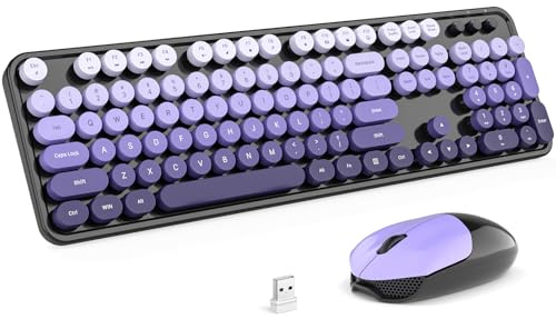 MOFII Wireless Keyboard and Mouse Combo, Full Size 2.4G Plug and Play Typewriter Retro Round Computer Keyboard and Mouse Set for Windows, Computer, Desktop, PC, Notebook - (Black Purple Gradient)