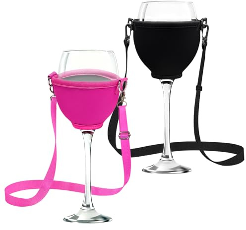 KELAV Upports pour Verres à Vin avec Lanière, 2 Pièce Supports de Verre à Vin Portables Noir Rose, Porte Gobelet Cou Porte Gobelet Festival pour Lextérieur Les Fêtes