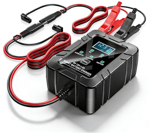 Cargador de batería 6 V 12 V 1,5 A, cargador de batería de coche con pantalla LCD, cargador de mantenimiento para coche, motocicleta, cortacésped, barco, camión (enchufe UE)