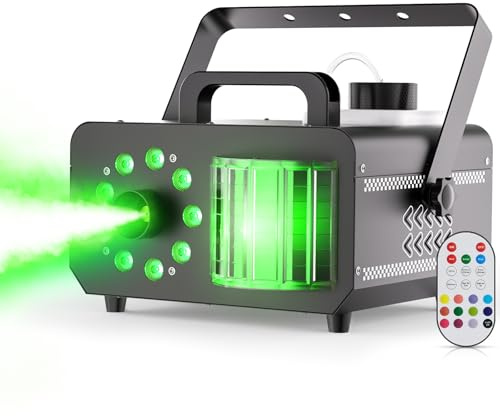 1200W Macchina del Fumo con Telecomando Wireless, Fasci 9 LED RGB Luci da Festa con 14 Colori Statici Capacità di 1L Macchina della Nebbia Stroboscopico per Halloween Matrimoni Natale Palcoscenici