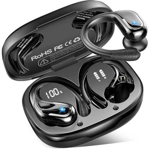 Cuffie Bluetooth Sport, 75 Ore Auricolari Bluetooth 5.4 con 4 ENC Mics, Stereo Cuffie Wireless Antirumore, IP7 Impermeabili Cuffiette Bluetooth con Display LED, Cuffie Senza Filo per Palestra/Running