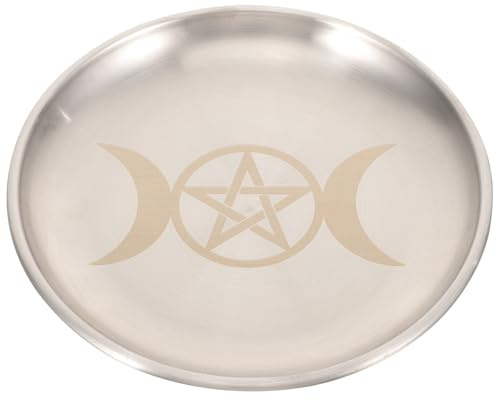 OSALADI Plateau Décoratif Surface Lisse et Bien Polie en Fer Argenté à Motif Pentagramme et Lune pour Offrandes Religieuses et Bougies D'autel