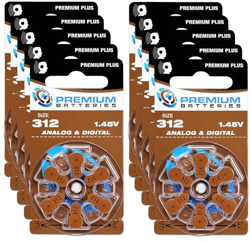 Premium Batteries Size 312 PR41 1.45V Hearing Aid Batteries Brown Tab (60 Batteries)