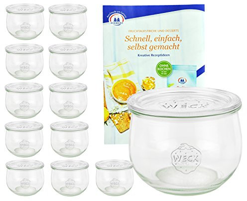 MamboCat 12er Set Weckgläser 580 ml Tulpenform mit Deckel I Original Weck Tulpenglas Dessertglas I Einweckgläser mit Deckel für Obst Gemüse UVM I inkl. Diamant-Zucker Gelierzauber Rezeptheft