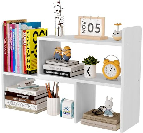 EasyPAG Wood Desk Shelves Adjustable Desktop Bookshelf Freestanding Home and Office Supplies Storage Display Shelf Desk Tidy Organiser,White