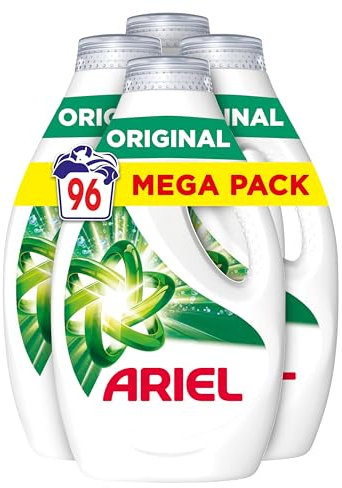 Ariel Detergente Lavadora Liquido 96 Lavados (4x24), Original, Jabon Limpieza Mejorada en Ciclos Mas Frios con la Exclusiva Tecnologia de limpieza en Frio