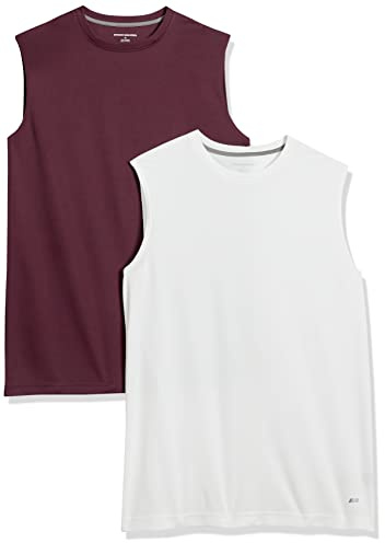 Amazon Essentials Men's Active Performance Tech Muscle Vest, Pack of 2, Burgundy/White, XL