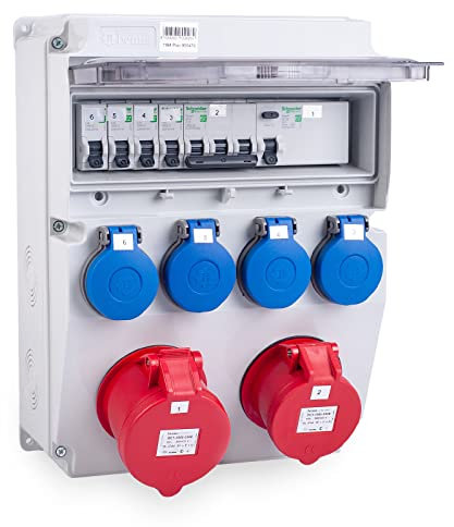 Tableau de distribution électrique de chantier MIDORI | Répartiteur de prises CEE complet 1184 Plus avec 1x 32A/5P, 1x 16A/5P, 4x 230V de HAGER selon IP44 | Distributeur mural avec disjoncteur FI