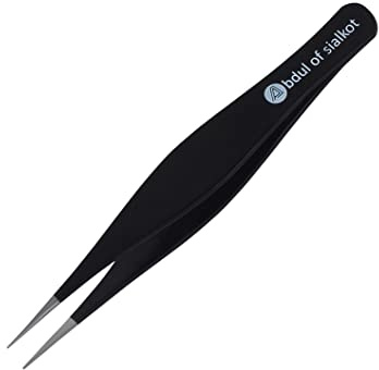 Abdul of Sialkot Pointed Tweezers ,Needle Nose Tip, Sharp Precision Ingrown Hair, Surgical Pointed for Blackheads & Splinters/Best Tweezers for Eyebrows (Reg black)