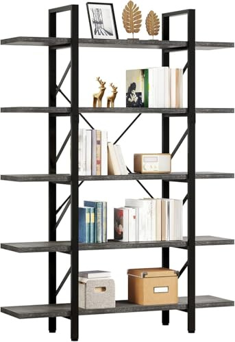 YITAHOME Libreria a 5 ripiani, libreria industriale grigia, scaffale per libri, mensole decorative in camera da letto/soggiorno/ufficio domestico, organizer per libri, grigio antracite + nero