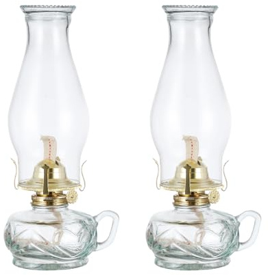 DNRVK 2 Pack Vintage Kerosene Lamp for Indoor Use, 12.2 Inch Height Oil Lamp with Handle 7/8 Inch Wick Rustic Glass Hurricane Lamp Oil Lanterns for Home Decor Emergency Lighting