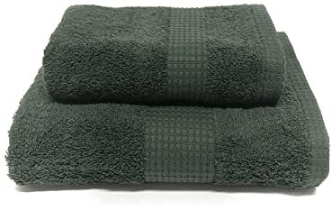 Juego de toallas The Colors Luxury, 1 toalla facial y 1 invitado – JENNY SESAL – Toallas de color liso, 100% algodón, esponja de alta calidad procedente de Portugal peso 450 g/m² (verde pino)
