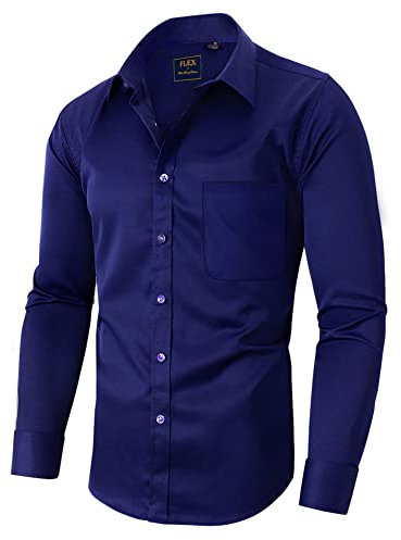 siliteelon Men Shirts Non Iron Business Shirt for Men Adult Navy Blue Cotton Men's Dress Formal Regular Fit Button Down Shirt Stretch Mens Shirts Long Sleeve Work, Office, Wedding, Party,Concer