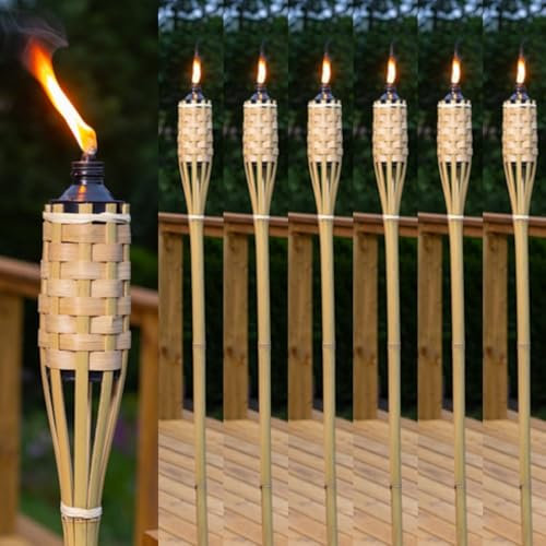 Tiki Torches Bamboo 150cm Pack of 6 - Extra Tall 5ft Citronella Compatible Burner with Large 500ml Oil Canister for Outdoor Parties, Pest & Bug Repellent, 10 Hour Burn