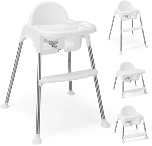 COSTWAY 4 in 1 Babyhochstuhl aus PP & Edelstahl, Hochstuhl umwandelbar mit abnehmbarem Doppeltablett, 3-Punkt-Sicherheitsgurt, Babystuhl Kombihochstuhl für 6-36 Monaten Baby (Weiß)