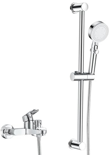 Mitigeur Baignoire avec Douchette Robinet Baignoire Mitigeur Douche Ensemble Mitigeur Bain Douche Baignoire avec Flexible, Douchette 5 Modes, Support, Barre Coulissante, Montage Mural, Chromé
