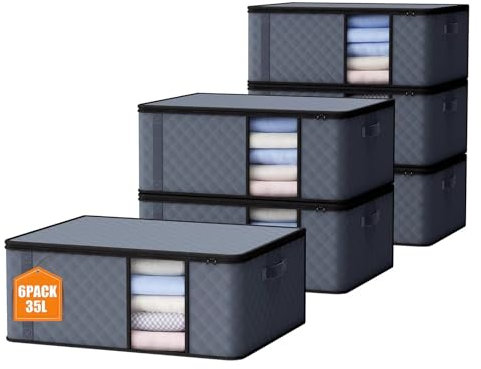 Auveir 6 piezas de bolsa de almacenamiento de 35L, caja de almacenamiento con tapa, grandes cajas de mudanza para ropa, mantas, edredones, almacenamiento bajo la cama, armario.