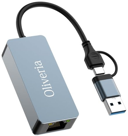 Oliveria 2.5G USB LAN Adapter, 2-IN-1 USB-C Ethernet Verkabelter Netzwerkadapter 100/1000/2500Mbps LAN Adapter für iPad, iPhone, MacBook, Tablet