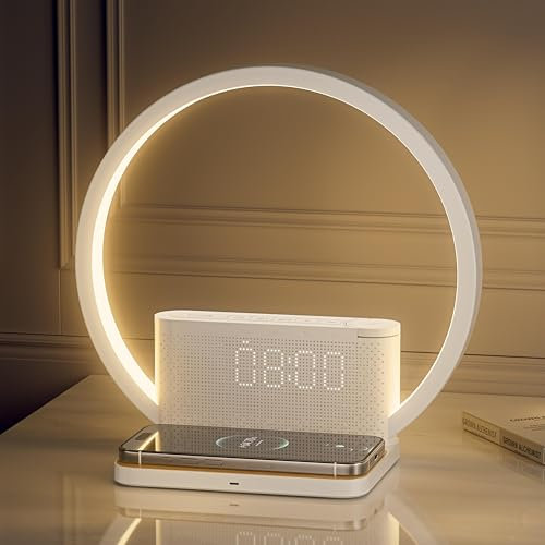 RETEYUNG Sunrise Lamp with 10W Wireless Charger, Night Light with 2 Alarm Clocks, Wake Up Light with 10 Soothing Sounds, 3 Level Touch Dimmable Brightness Bedside Lamp (Art Deco)