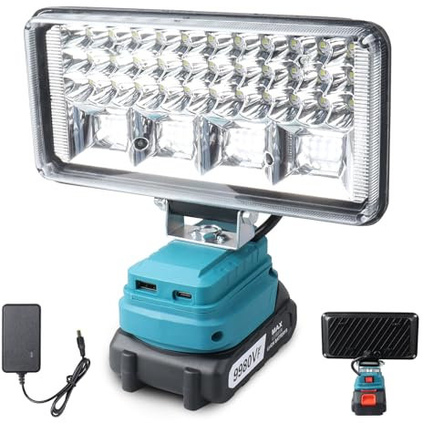 Cordless LED Work Light Compatible with Makita, Portable Jobsite Light with Battery & Charging Cable, USB & Type C Charger Port LED Spotlight for Construction Site Camping Emergency
