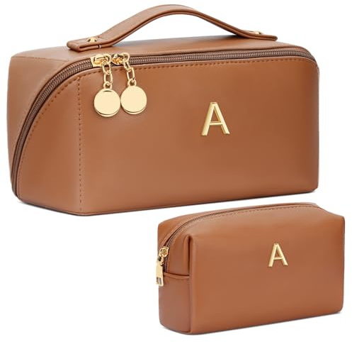 CLOUDWINGS Birthday Gifts for Women Teen Girl, Personalized Initial Makeup Organizer Bag Set, Open Flat Travel Cosmetic Bag With Clear Divider and Handle(Brown,A)