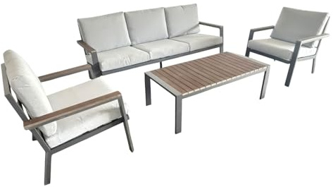 FRANKYSTAR Ikigai - Set Salotto da Giardino per Esterno con Divano 3 Posti 2 Poltrone e Tavolino con Cuscini imbottiti in Alluminio e Legno Plywood