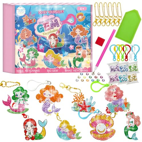 CAYUDEN 5D Diamantmålning Hänge Set, 8 Stycken Djur Gör-Det-själv Diamant Nyckelring Sjöjungfru Ornament Diamond Painting Keychain Karikatyr ädelsten Hänge Nyckelringar för Vuxen Kvinna Gem Art Kit
