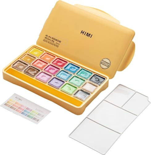 HIMI Jelly Cup Gouache Set 18 Paint Colours, 3 Brushes, Paint Pallete, Yellow Case Metallic, Add Water To Reactivate, Smooth, Rich Colours, Gift, Artist Art Supplies, Large Scale Art Work Fine Details