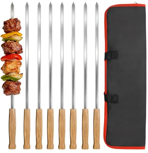 MINGBOLIN Grillspett i rostfritt stål – 8 stycken platta kebabspett i rostfritt stål, 44 cm långa, återanvändbara med trähandtag av ek, platta grillspett för BBQ, camping & grillfester