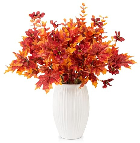 Artificial Autumn Flowers 4 Pcs, Fake Maple Leaves Branches with Eucalyptus | 7 Fork Maple Branches with Orange Eucalyptus Stem for Fall Vase Home Thanksgiving Harvest Halloween Christmas Decor
