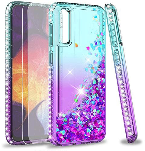 LeYi für Samsung Galaxy A50/A50s/A30s Hülle Glitzer Handyhülle mit Panzerfolie Schutzfolie(2 Stück), Diamond Cover Bumper Schutzhülle für Case Samsung A50/A50s/A30s Handy Hüllen ZX Turquoise Purple