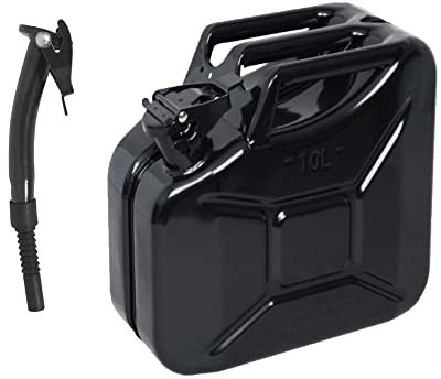 10 Liter schwarzer Metallkanister + schwarzer Ausgießer – Kraftstoffbehälter für Benzin und Diesel, 10 l, Schwarz