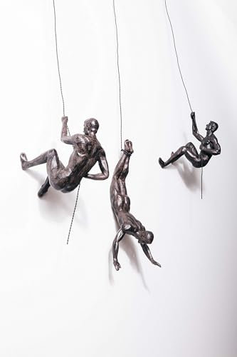 3x Climbing Bronze Colour Wall Hanging Ornaments Dramatic Art Installation Featuring 2x Sculptures of Climbing Figures & 1x Bungee Jumper Suspended on Realistic Metal Wires Includes Rock Nail-Caps