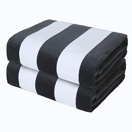 Exclusivo Mezcla 2 Pack Cotton Oversized 35x70 Inches Cabana Stripe Beach Towels, Super Absorbent Soft Plush Pool Bath Towel (Charcoal Grey)
