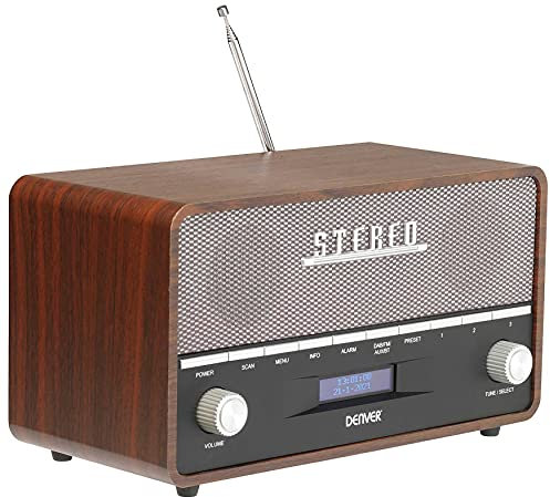 Denver DAB-36 Large Vintage Style DAB/DAB+ & FM Radio – Bluetooth – High Contrast Large Screen - AUX In – Clock & Dual Alarm – Real Wood Cabinet – 2x5W – Mains or Battery
