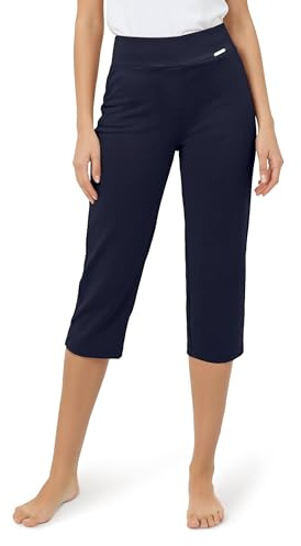 Tapata Pantalon Femme 3/4 été Taille Haute élastique décontracté Couleur Unie Chic Elegant Bleu Marine Large