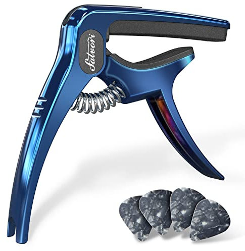 Salvori Exklusiver Gradient 'Blue-Plated' Heavy Duty Gitarre Kapodaster für Akustik/E-Gitarre mit 4 Plektren, Gitarrenclip/Gitarrenklemme/Gitarrenzubehör für Konzertgitarre, Ukulele, Mandoline und