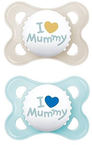 MAM Ciuccio originale in set da 2 pezzi, adatto ai denti, realizzato con materiali sostenibili e rinnovabili, tettarella in silicone MAM SkinSoft, con scatola per ciuccio, 0-6 mesi, blu/beige