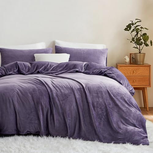 Lanqinglv Flanell Fleece Bettwäsche 200x200 cm Violett Plüsch Flauschig Winterbettwäsche Warme Cashmere Touch Biber Uni Bettbezug mit Reißverschluss und 2 Kissenbezug 80x80 cm