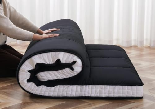 ZIKEBTUY Floor Mattress Japanese Futon King Mattress Topper - 10cm Thick Foldable Tatami Mat Sleeping Bed Pad for Guests, Dormitories, Camping, Sofas & Loungers - Black, 203 * 153 * 10CM | 10cm Thick, Foldable Tatami Mat, Sleeping Bed Pad, For Guests, Dormitories, Camping, Sofas & Loungers