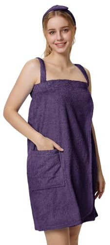 SIORO Womens Terry Cloth Wrap, Bath Towel Robe, Knee Length Bathrobe with Adjustable Straps, Facial Headband & Pockets, Soft and Absorbent Shower Towel for Spa, Pool, After Shower, Home & Sauna